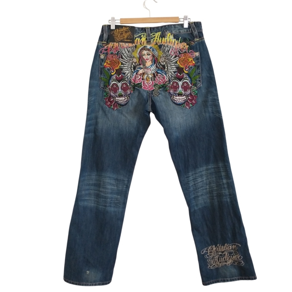 Christian Audigier Denim with Colorful Skull and Rose Embroidery. Size W32 L34